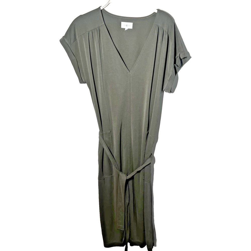 Lou Grey Dress So Soft Pockets V-neck Knee Length Olive Green Boho Coastal Large